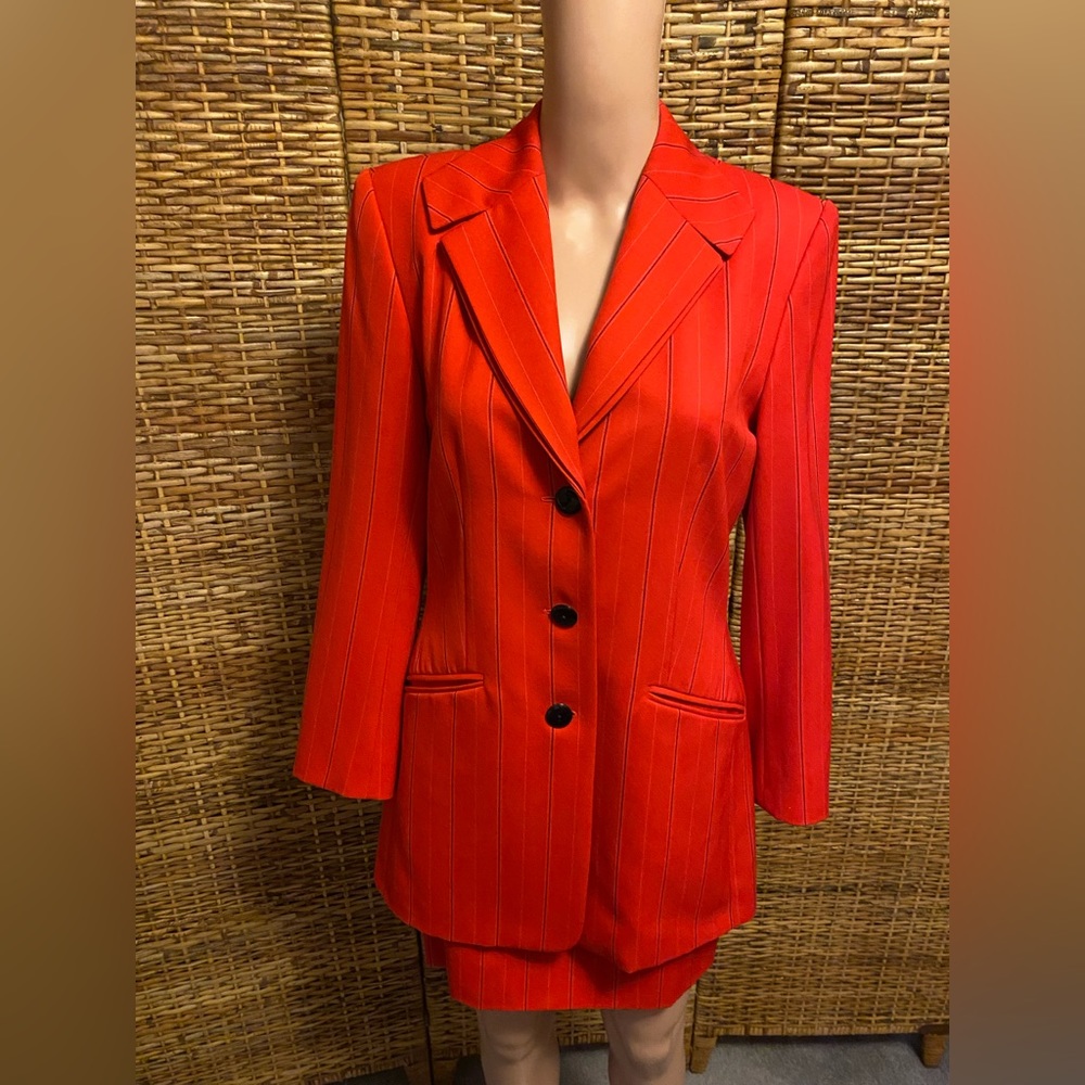 ESCADA Wool Red Pinstripe Skirt & Blazer Suit